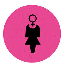 Silhouette of a woman in a pink circle.