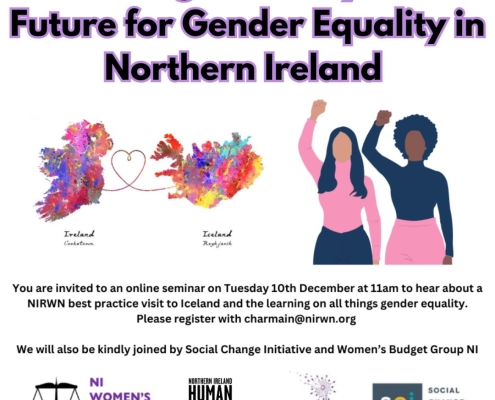 Would you like to see a brighter future for Gender Equality in NI? You are invited to this online seminar on Tuesday 10th December at 11am to hear about NIRWN's best practice visit to Iceland. Join us and Social Change Initiative and NI Women’s Budget group to her about what we learned on the study visit to Iceland and how it could make a difference to Gender Equality in this region. To register, email charmain@nirwn.org